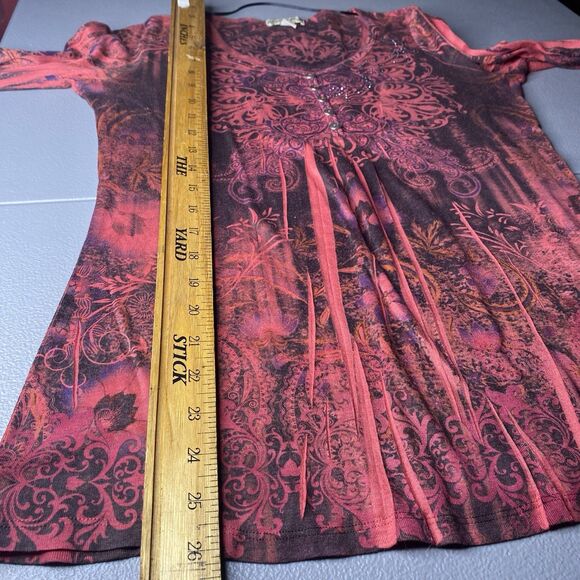 ENERGE WORLD WEAR Top Rhinestone Long Sleeve Hippie Boho Womens M Maroon Purple - Picture 6 of 10